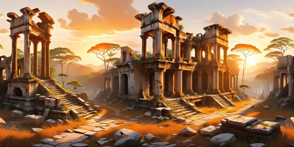 "a concept art of a white and orange mood with ruins next to jungle , golden hour, epic, majestic, 360, 360 View